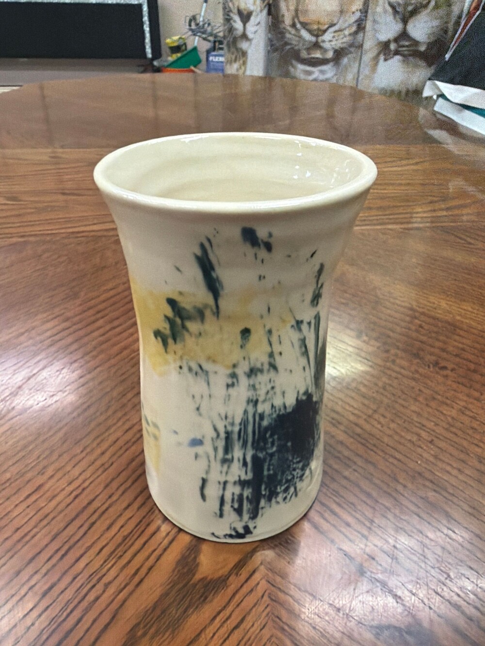 Ceramic Vase with Abstract Hand Painted Blue Yellow Design